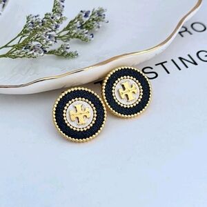 Tory Burch Black and Gold Round Logo Stud Earrings